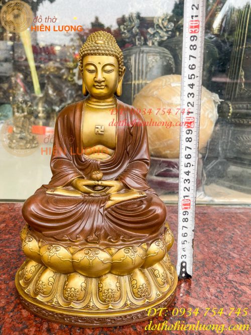 Bộ tượng phật ta bà tam thánh bằng đồng áo nâu cao 30cm, nặng 7,5kg