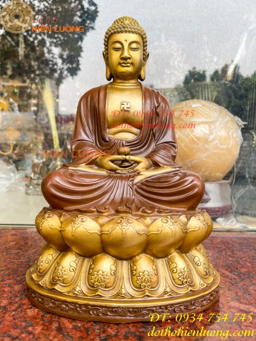 Bộ tượng phật ta bà tam thánh bằng đồng áo nâu cao 30cm, nặng 7,5kg