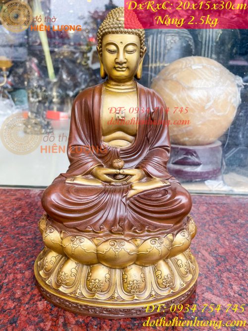 Bộ tượng phật ta bà tam thánh bằng đồng áo nâu cao 30cm, nặng 7,5kg