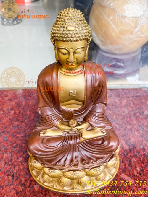 Bộ tượng phật ta bà tam thánh bằng đồng áo nâu cao 30cm, nặng 7,5kg