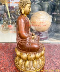 Bộ tượng phật ta bà tam thánh bằng đồng áo nâu cao 30cm, nặng 7,5kg