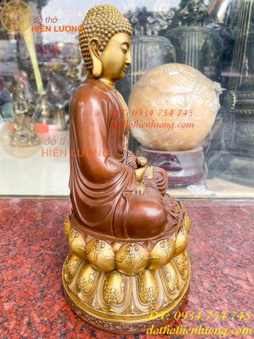 Bộ tượng phật ta bà tam thánh bằng đồng áo nâu cao 30cm, nặng 7,5kg
