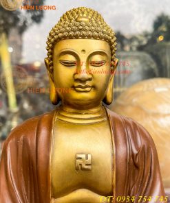Bộ tượng phật ta bà tam thánh bằng đồng áo nâu cao 30cm, nặng 7,5kg