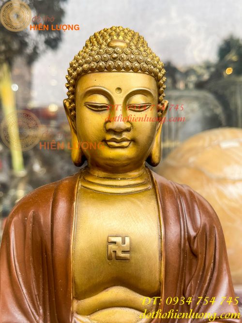 Bộ tượng phật ta bà tam thánh bằng đồng áo nâu cao 30cm, nặng 7,5kg