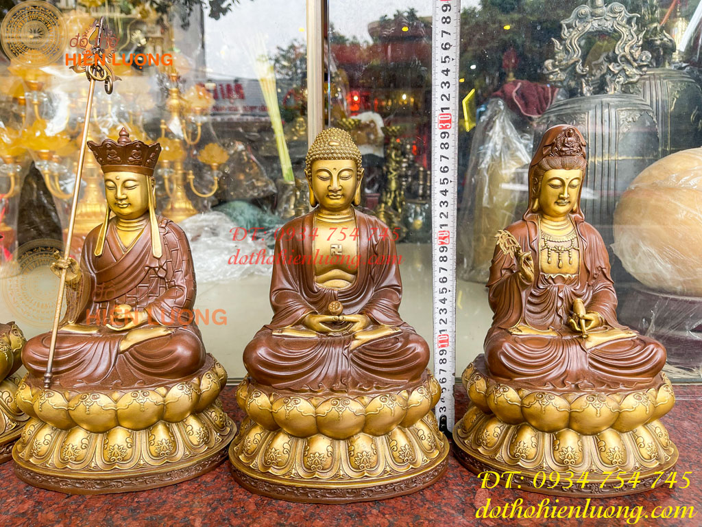 Bộ tượng phật ta bà tam thánh bằng đồng áo nâu cao 30cm, nặng 7,5kg