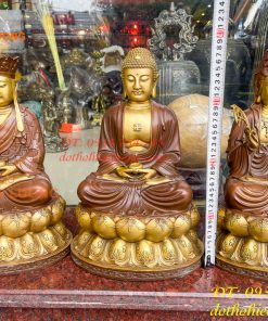 Bộ Tượng Phật Ta Bà Tam Thánh Bằng Đồng Áo Nâu Cao 40cm