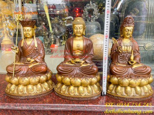 Bộ Tượng Phật Ta Bà Tam Thánh Bằng Đồng Áo Nâu Cao 40cm