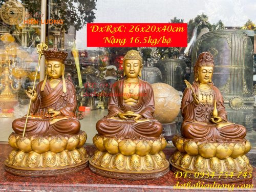 Bộ Tượng Phật Ta Bà Tam Thánh Bằng Đồng Áo Nâu Cao 40cm