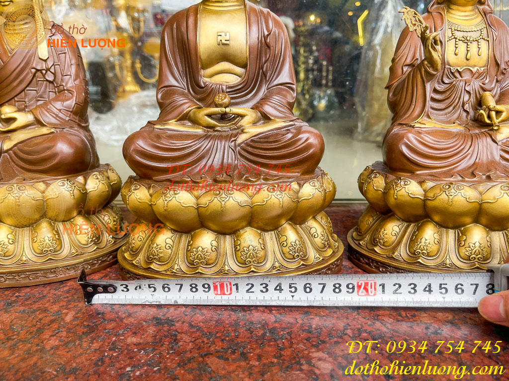 Bộ tượng phật ta bà tam thánh bằng đồng áo nâu cao 30cm, nặng 7,5kg