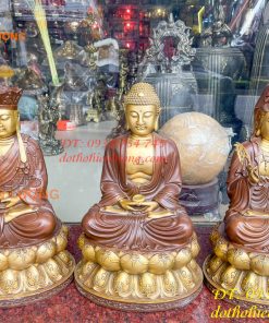 Bộ Tượng Phật Ta Bà Tam Thánh Bằng Đồng Áo Nâu Cao 40cm