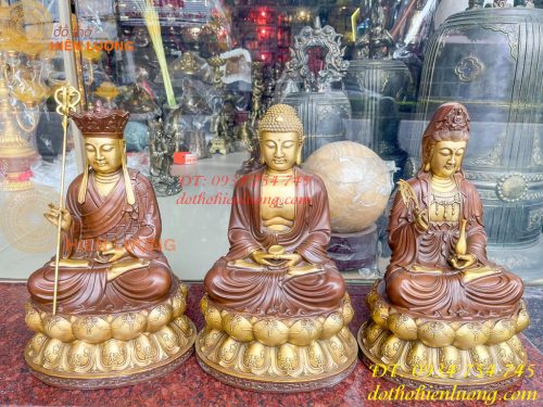 Bộ Tượng Phật Ta Bà Tam Thánh Bằng Đồng Áo Nâu Cao 40cm