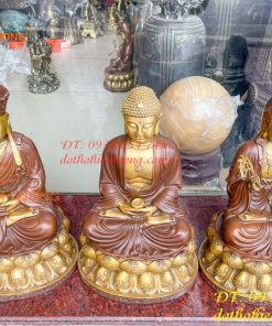 Bộ Tượng Phật Ta Bà Tam Thánh Bằng Đồng Áo Nâu Cao 40cm