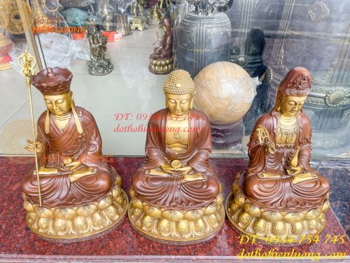 Bộ Tượng Phật Ta Bà Tam Thánh Bằng Đồng Áo Nâu Cao 40cm