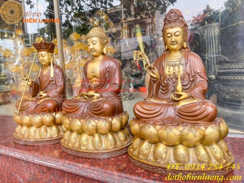Bộ Tượng Phật Ta Bà Tam Thánh Bằng Đồng Áo Nâu Cao 40cm