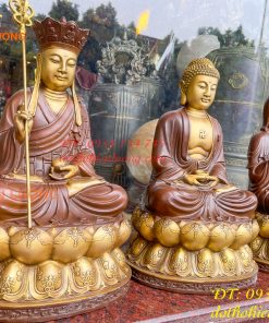 Bộ Tượng Phật Ta Bà Tam Thánh Bằng Đồng Áo Nâu Cao 40cm