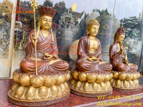 Bộ Tượng Phật Ta Bà Tam Thánh Bằng Đồng Áo Nâu Cao 40cm