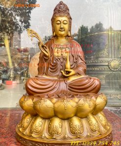 Bộ Tượng Phật Ta Bà Tam Thánh Bằng Đồng Áo Nâu Cao 40cm