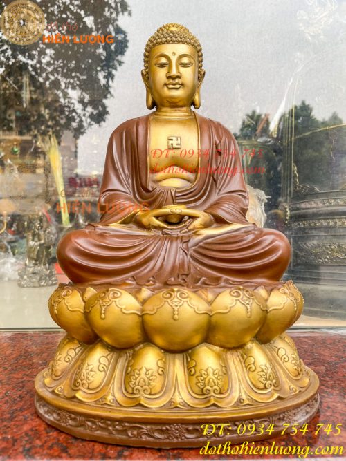Bộ Tượng Phật Ta Bà Tam Thánh Bằng Đồng Áo Nâu Cao 40cm