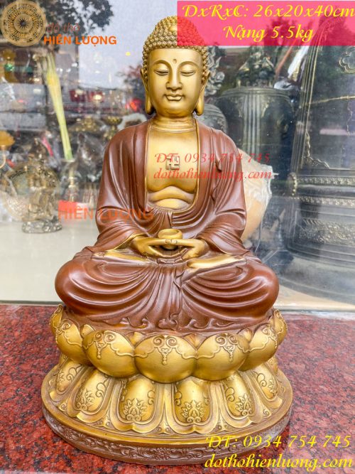 Bộ Tượng Phật Ta Bà Tam Thánh Bằng Đồng Áo Nâu Cao 40cm