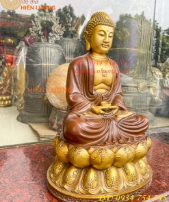 Bộ Tượng Phật Ta Bà Tam Thánh Bằng Đồng Áo Nâu Cao 40cm