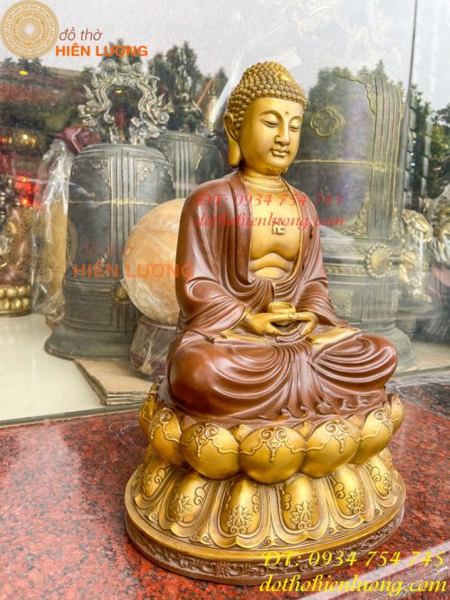 Bộ Tượng Phật Ta Bà Tam Thánh Bằng Đồng Áo Nâu Cao 40cm