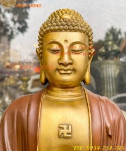 Bộ Tượng Phật Ta Bà Tam Thánh Bằng Đồng Áo Nâu Cao 40cm