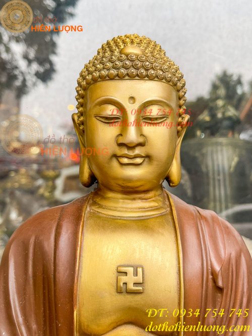 Bộ Tượng Phật Ta Bà Tam Thánh Bằng Đồng Áo Nâu Cao 40cm
