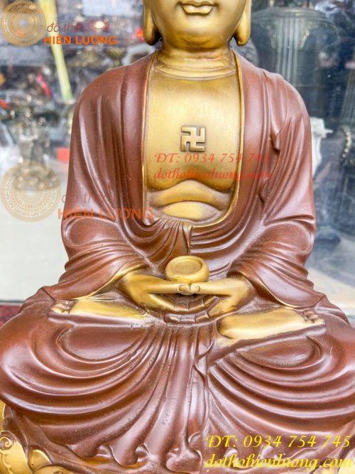 Bộ Tượng Phật Ta Bà Tam Thánh Bằng Đồng Áo Nâu Cao 40cm