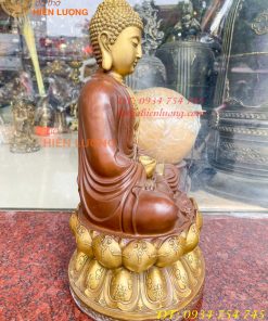 Bộ Tượng Phật Ta Bà Tam Thánh Bằng Đồng Áo Nâu Cao 40cm