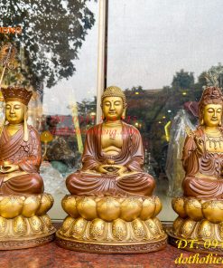 Bộ tượng phật ta bà tam thánh bằng đồng áo nâu cao 30cm, nặng 7,5kg