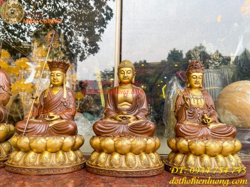 Bộ tượng phật ta bà tam thánh bằng đồng áo nâu cao 30cm, nặng 7,5kg
