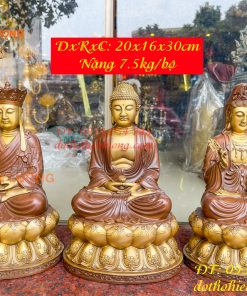 Bộ tượng phật ta bà tam thánh bằng đồng áo nâu cao 30cm, nặng 7,5kg