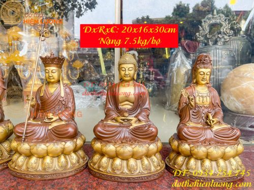 Bộ tượng phật ta bà tam thánh bằng đồng áo nâu cao 30cm, nặng 7,5kg