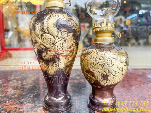 Đèn dầu bằng đồng thổi từ vỏ cát tút chạm rồng phượng