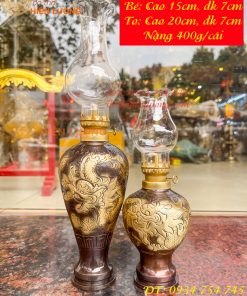 Đèn dầu bằng đồng thổi từ vỏ cát tút chạm rồng phượng cao 15cm