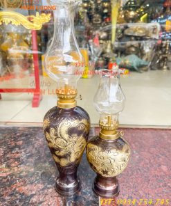 Đèn dầu bằng đồng thổi từ vỏ cát tút chạm rồng phượng cao 15cm