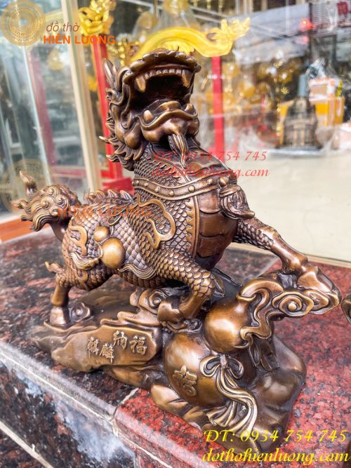 Đôi Hỏa Kỳ Lân Bằng Đồng Ôm Hũ Vàng Và Hồ Lô Cao 30cm
