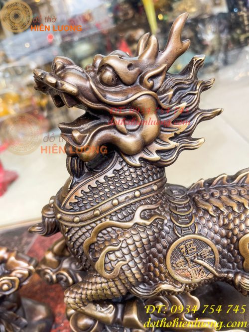 Đôi Hỏa Kỳ Lân Bằng Đồng Ôm Hũ Vàng Và Hồ Lô Cao 30cm