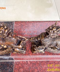Đôi Hỏa Kỳ Lân Bằng Đồng Ôm Hũ Vàng Và Hồ Lô Cao 30cm