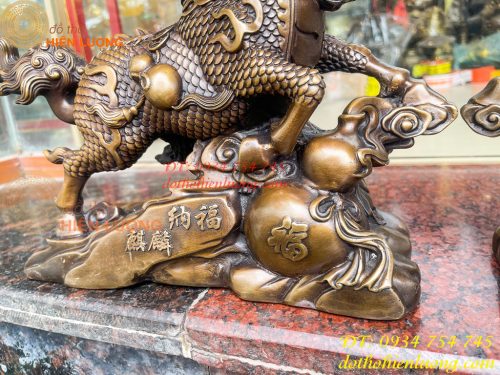 Đôi Hỏa Kỳ Lân Bằng Đồng Ôm Hũ Vàng Và Hồ Lô Cao 30cm