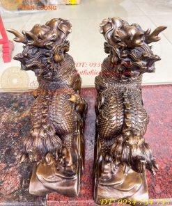Đôi Hỏa Kỳ Lân Bằng Đồng Ôm Hũ Vàng Và Hồ Lô Cao 30cm