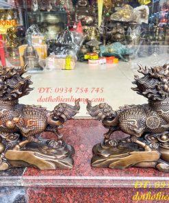 Đôi Hỏa Kỳ Lân Bằng Đồng Ôm Hũ Vàng Và Hồ Lô Cao 30cm