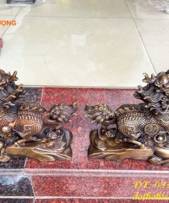 Đôi Hỏa Kỳ Lân Bằng Đồng Ôm Hũ Vàng Và Hồ Lô Cao 30cm