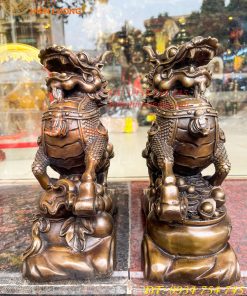 Đôi Hỏa Kỳ Lân Bằng Đồng Ôm Hũ Vàng Và Hồ Lô Cao 30cm