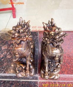Đôi Hỏa Kỳ Lân Bằng Đồng Ôm Hũ Vàng Và Hồ Lô Cao 30cm