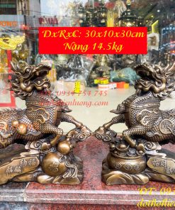 Đôi Hỏa Kỳ Lân Bằng Đồng Ôm Hũ Vàng Và Hồ Lô Cao 30cm