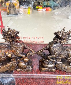Đôi Hỏa Kỳ Lân Bằng Đồng Ôm Hũ Vàng Và Hồ Lô Cao 30cm