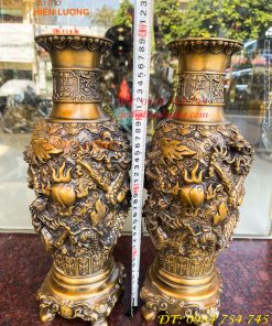 Đôi Lục Bình Rồng Nổi Bằng Đồng Hun Cao 38cm, nặng 8kg