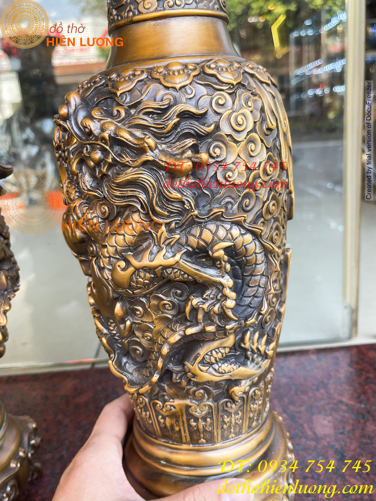 Đôi Lục Bình Rồng Nổi Bằng Đồng Hun Cao 38cm, nặng 8kg