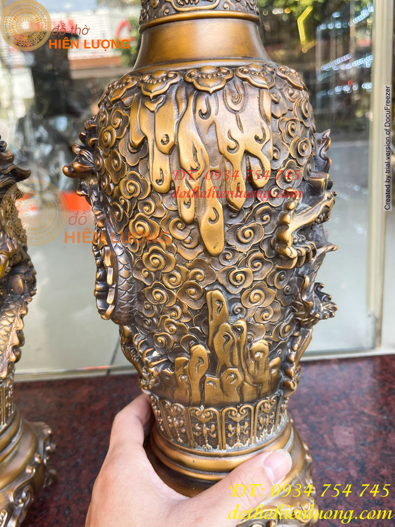 Đôi Lục Bình Rồng Nổi Bằng Đồng Hun Cao 38cm, nặng 8kg